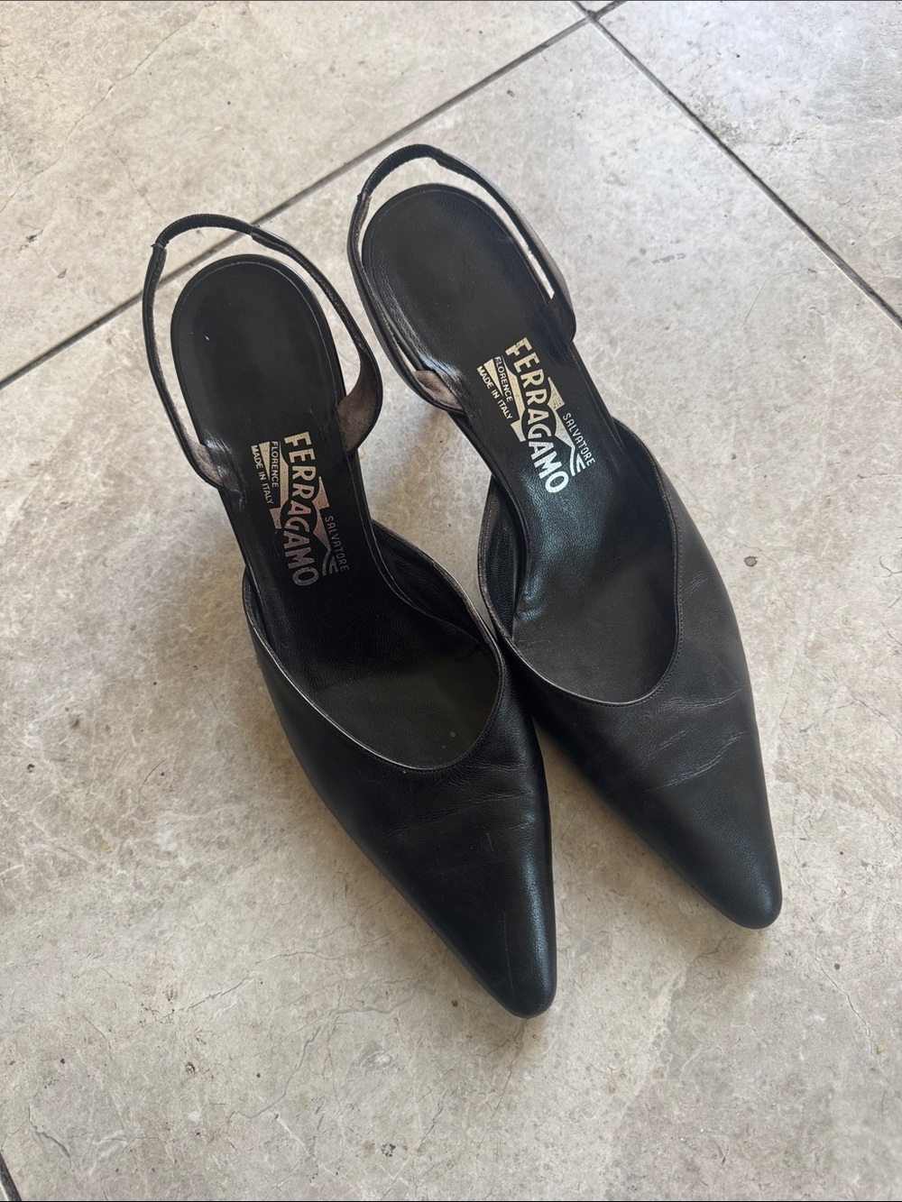 Salvatore Ferragamo Black Leather Pointed Slingback Heels